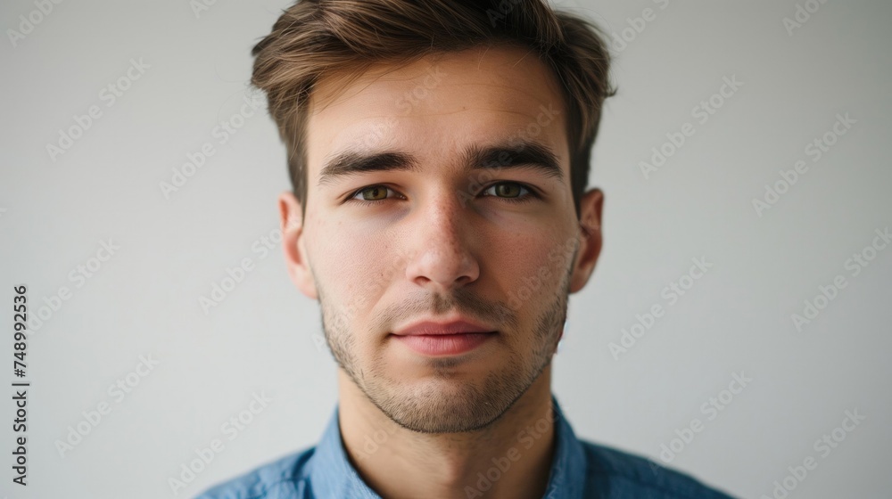 Young man facing camera with dark blond hair and stubble beard, wearing blue shirt in plain background. Young man facing camera with dark blond hair and stubble beard, wearing blue shirt in plain background.