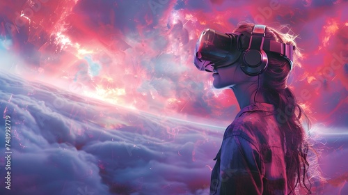 Woman immersed in VR world wearing headset exploring vivid digital landscape. Concept Virtual Reality, Technology, Digital Experience, Exploration, Immersive Gameplay