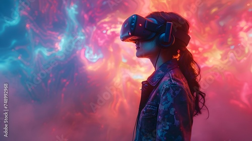 Exploring a vivid digital landscape: Woman immersed in VR world with headset. Concept Virtual Reality Experience, Futuristic Technology, Digital Immersion, Modern Entertainment