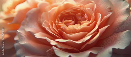 A detailed view of a large apricot-colored rose flowerhead with soft petals in focus, set against a blurred background. The intricacies of the flower are highlighted, showcasing its delicate beauty up