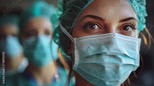 Close up of female surgeon in headgear and PPE, wearing surgical mask