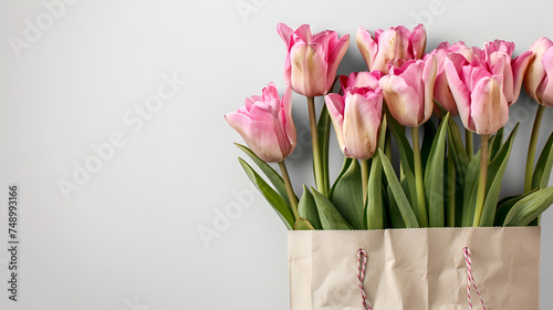Bouquet of pink tulips wrapped in craft paper on the white background