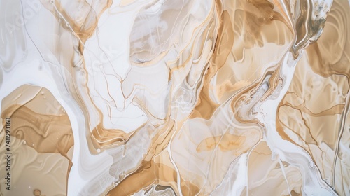 Closeup of wavy, elegant fluid art design in white, beige, and gold. photo