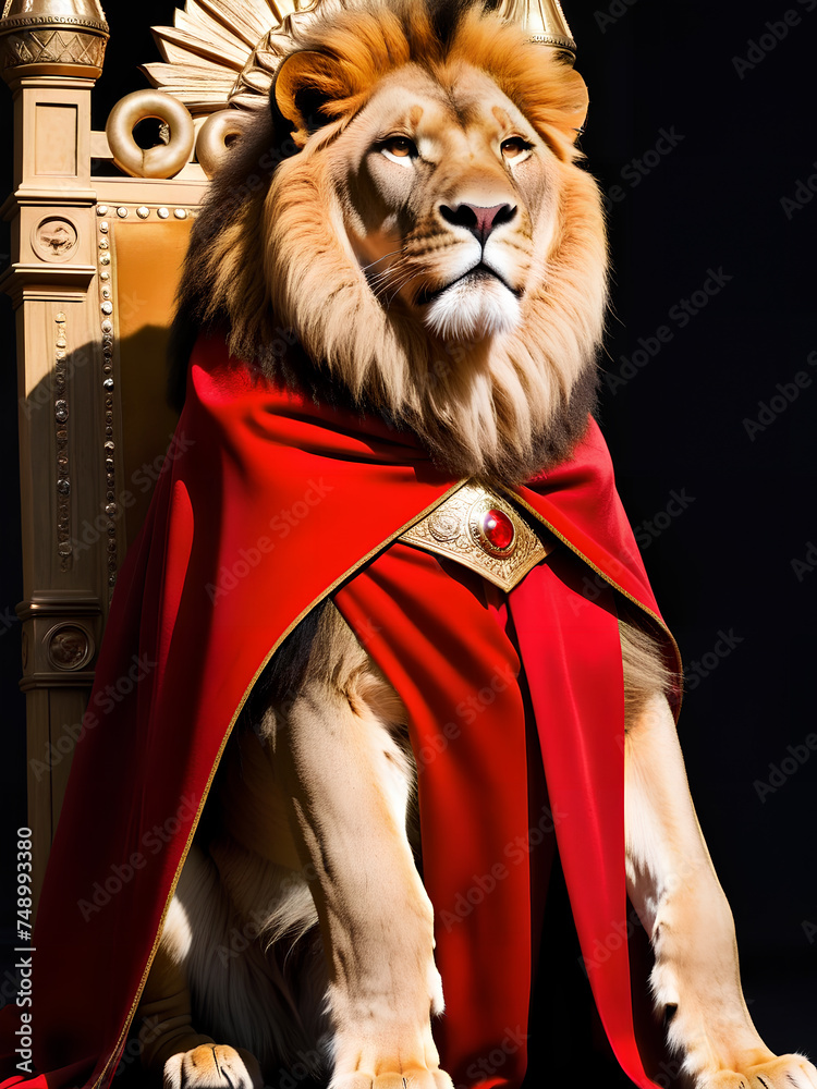 Lion, the king of animals, in a red cape. Generative AI