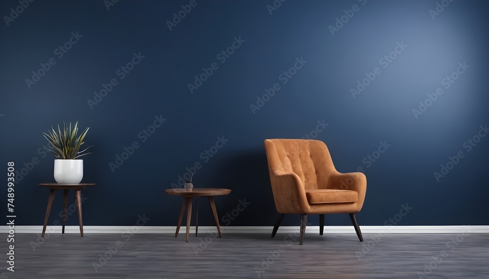 Chic An armchair in the interior against a blank dark blue wall backdrop gives the area depth and refinement.