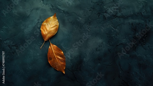 Two dry autumn leaves against a dark, textured backdrop