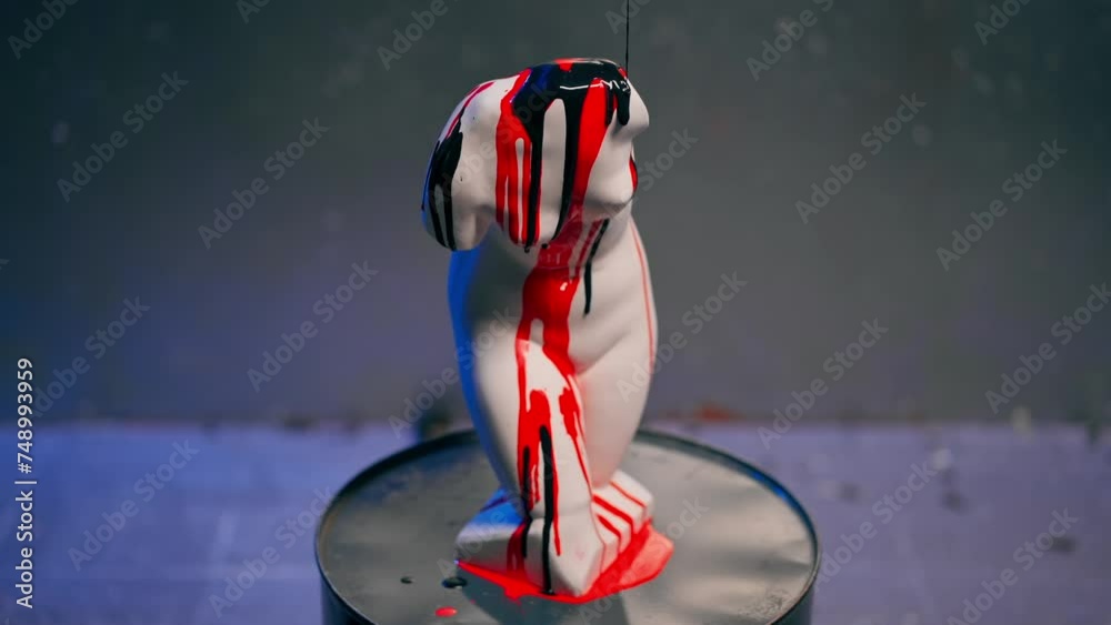 a white sculpture in the shape of a body stands on a barrel, a museum ...