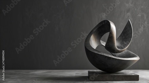 Modern abstract sculpture with fluid shapes on a marble base photo