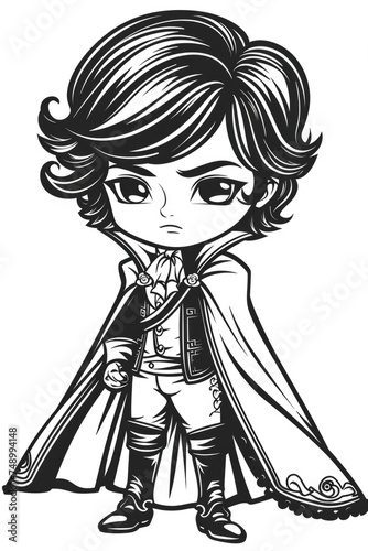 A black and white drawing of a boy with a cape, a cartoon young prince.