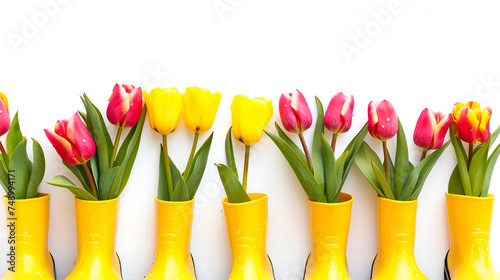 Yellow rubber boots with spring tulip flowers on white background.