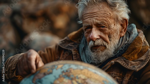 An elderly adventurer embraces global exploration embodying the spirit of wanderlust. Concept Adventure, Elderly, Exploration, Wanderlust, Global photo