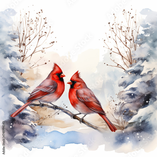 Pair of Red Cardinals Perched on a Branch in a Snowy Winter Landscape, Watercolor Illustration of Birds in Natur, Greeting Card