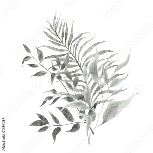 Watercolor hand draw bouquet with sage green leaves and branch, isolated on white background