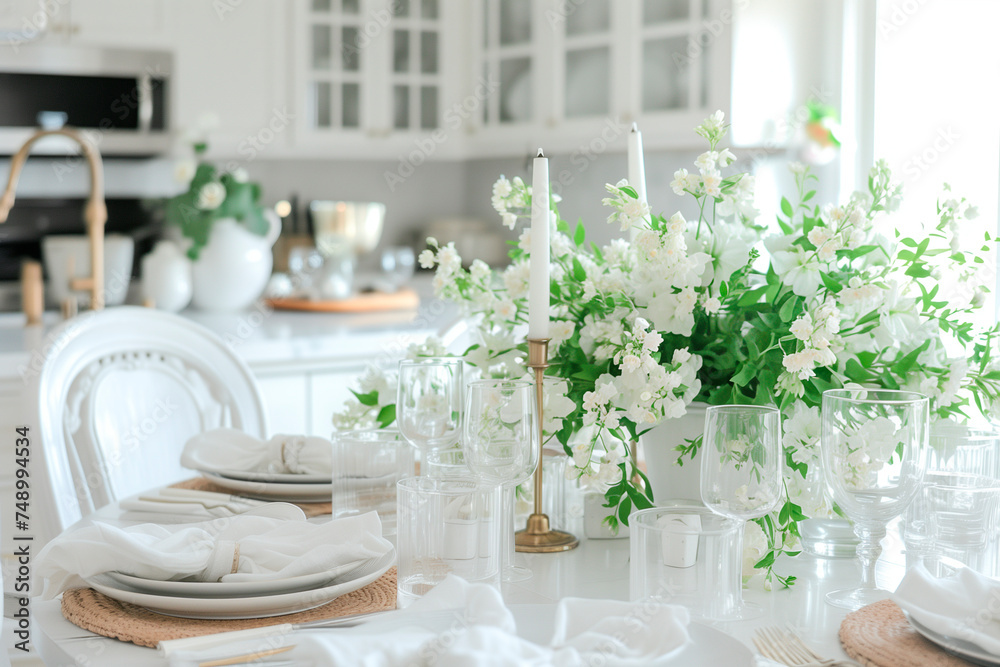 Spring-themed dinner table in white kitchen with fresh white flowers as vertical background image