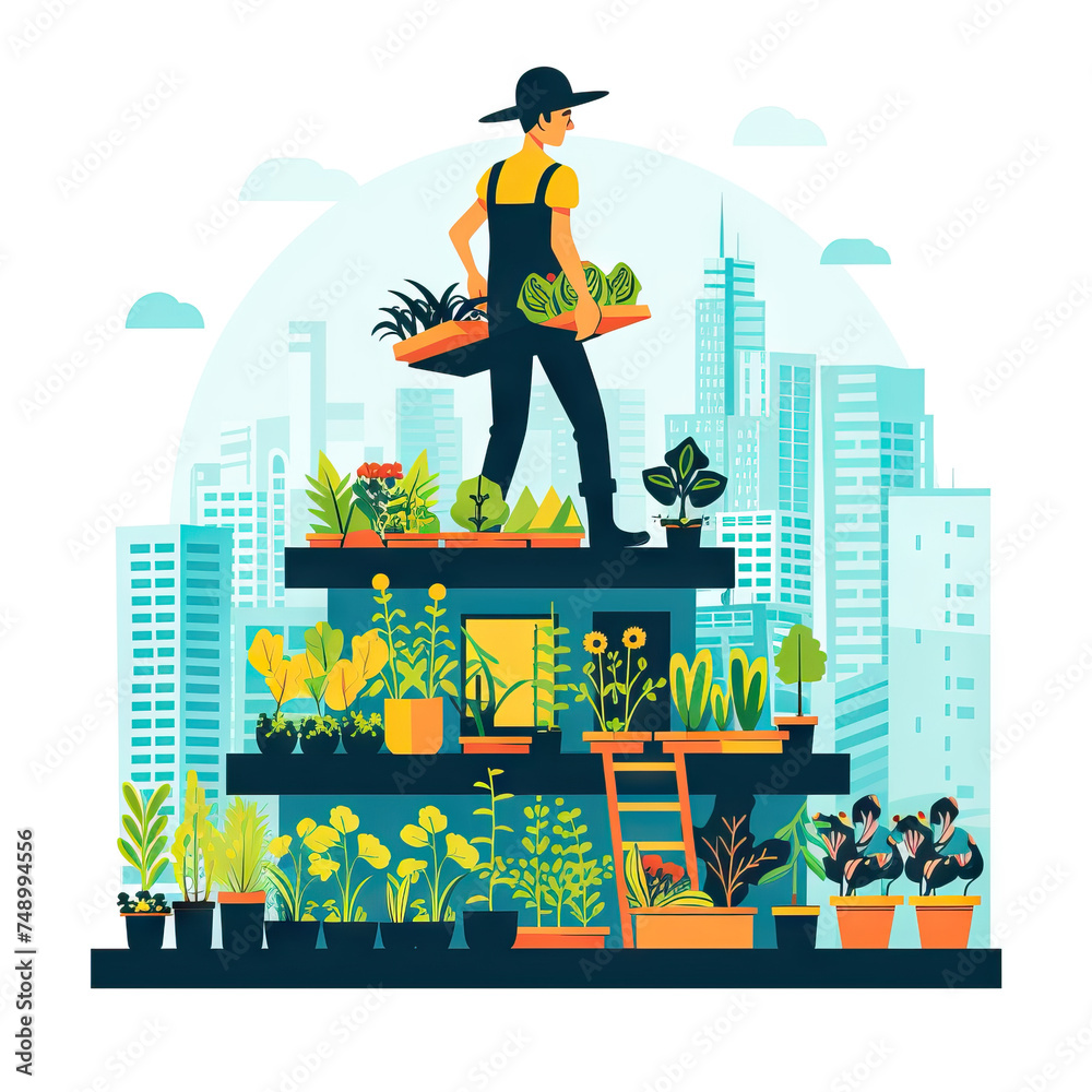 Urban Farmer Harvesting Rooftop Garden - Cityscape. Vector Icon Illustration. Job Icon Concept Isolated Premium Vector. 
