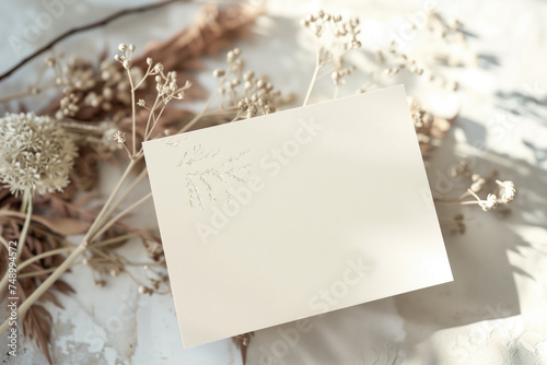 a flat lay minimalist design with envelope and blank greeting cards that can be used for a mock-up photo