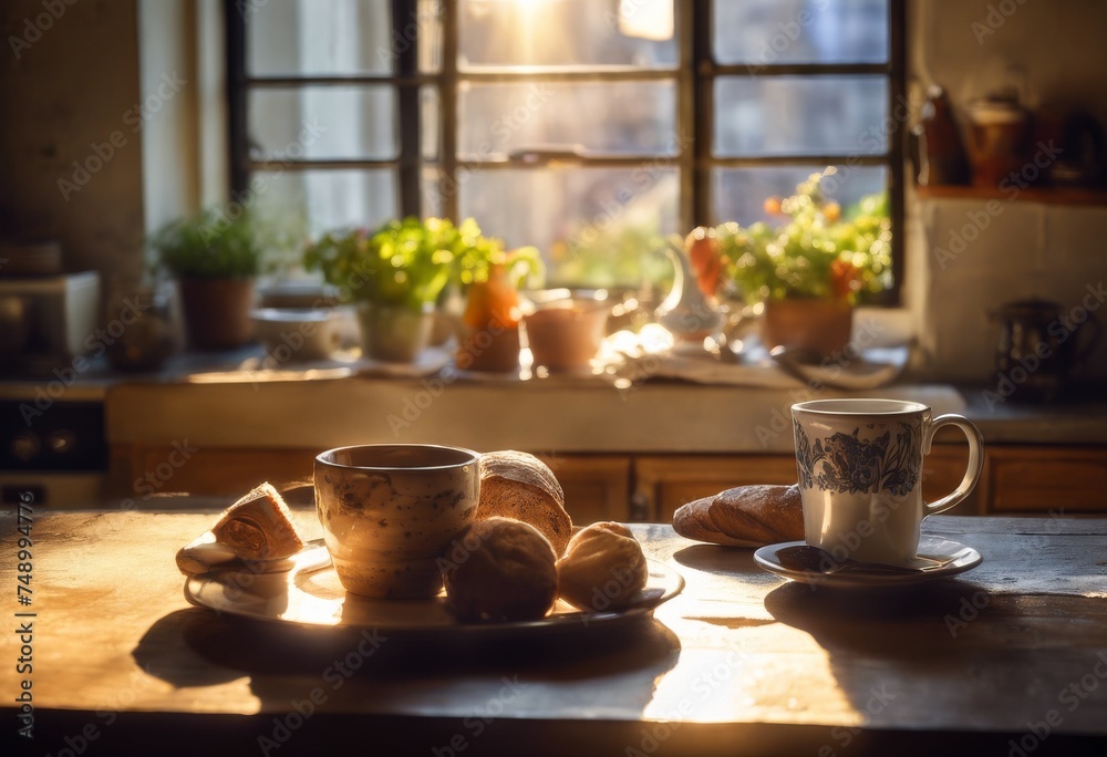 window, morning, caffeine, baked, cup, breakfast, food, table, bread, hot drink,drink,plate,rustic,background,fresh,glasses,mug, snack
