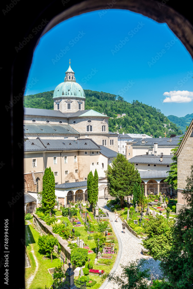 Naklejka premium Catacomb Arched Window View of Salzburg Cathedral from St. Peter's