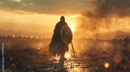 A lone warrior holding a shield traverses a fiery battlefield, embodying determination, bravery, and the chaos of conflict photo
