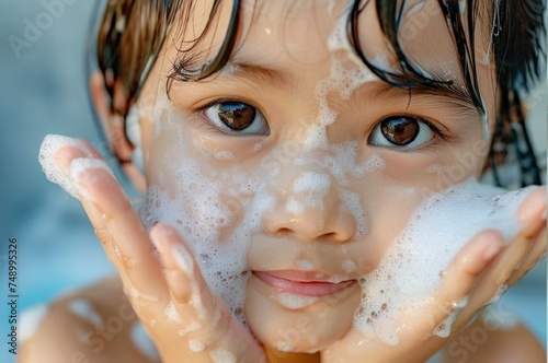Stunning high resolution photo of a little Asian girl washing her face, touching her face with her hands, soap suds on her cheeks, straight shot, front view, emotions captured
