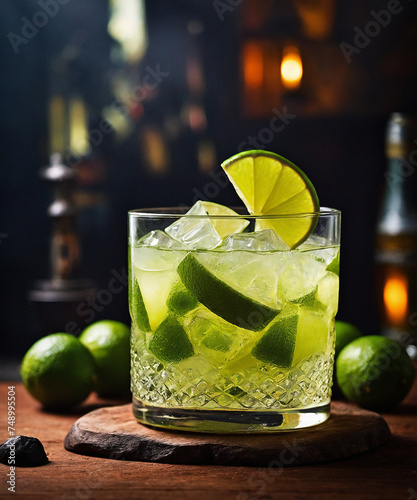 Glass of caipirinha, a delicious Brazilian drink, with cachaça, lime and ice.