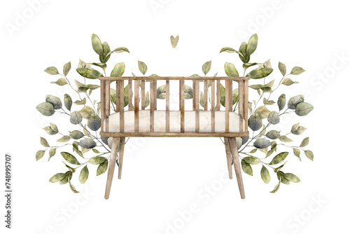 Watercolor composition with a crib for a newborn surrounded by green plants. Illustration hand drawn on isolated background for cards, interior, stickers, textiles, design, invitations