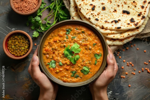 Female hands holding a bowl and eating traditional Indian Punjabi dish Dal makhani with lentils and beans served with naan flat bread, fresh cilantro on brown concrete rustic table