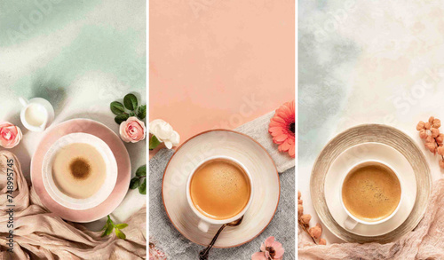 Good morning Instagram stories background with a cup of coffee, flowers, and some space for short text, for example, a quotation