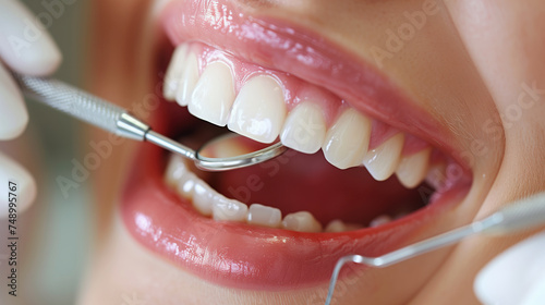 Dental examination with a focus on healthy white teeth and dental instruments