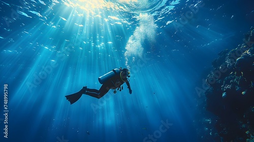 Woman in scuba gear diving into deep blue ocean in sunlight. Concept Underwater Photography, Scuba Diving, Ocean Exploration, Nature Adventure, Sunlight Reflection