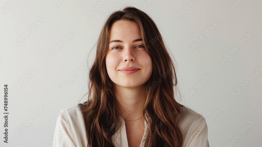 Young woman with long brown hair, content expression in lightcolored top. Plain background emphasizes her natural appearance. Young woman with long brown hair, content expression in lightcolored top. Plain background emphasizes her natural appearance.