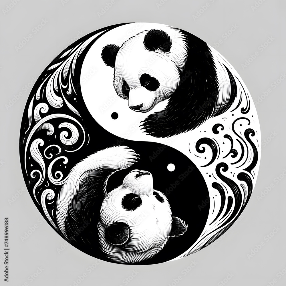 Yin-Yang Pandas in Harmonic Swirl, a Monochromatic Emblem of Balance ...