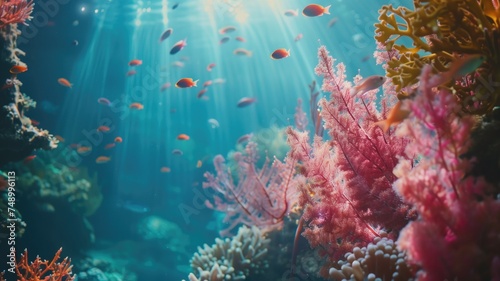 Vibrant coral and fish thrive beneath ocean rays in this marine dreamscape © Artyom