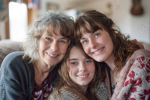 Mother and her daughters portrait at home, pose together for a photo, showing the connection and love. Mother's Day concept