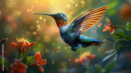 hummingbird flying with flowers background