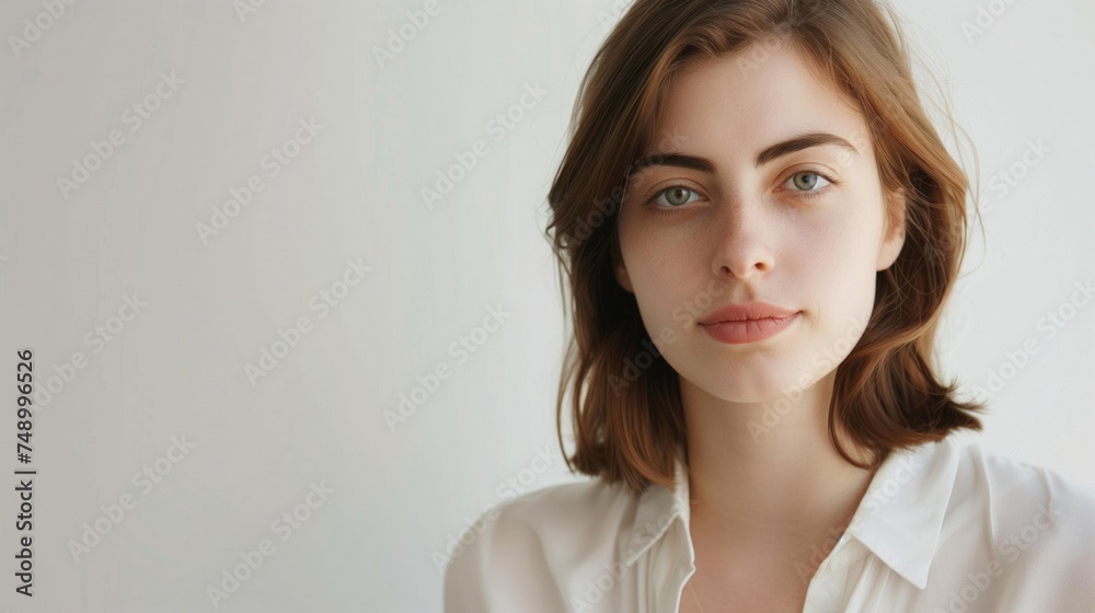 Young woman with mediumlength hair and white blouse looking at camera in plain, light background. Young woman with mediumlength hair and white blouse looking at camera in plain, light background.