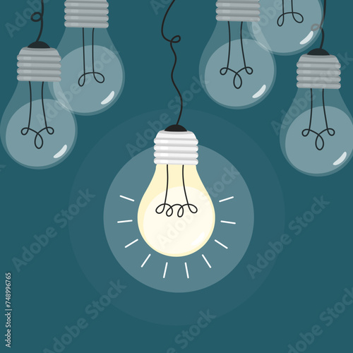 hanging lightbulbs one turned on flat style