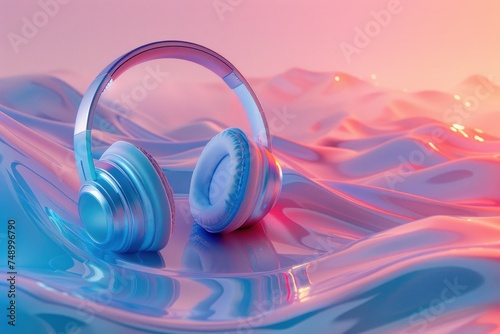 headphones on a futuristic surface in glossy pink and blue tones