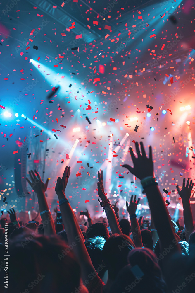 People celebrating at a huge concert with lots of lights in a crowded stadium. Vertical image