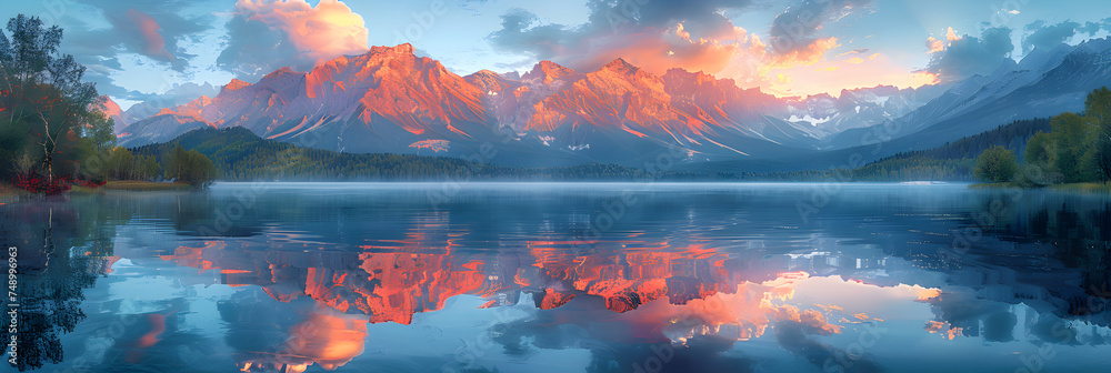 sunset over lake,Sunset in the Mountains at a Calm Lake 3d image,
A cabin in the snow with a boat in the water and a cabin in the background