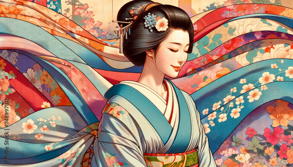 Obraz premium 浮世絵(Ukiyoe)/美人画 美女 着物 anime イラスト