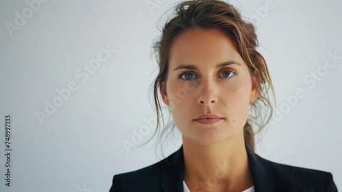 Closeup of a woman with neutral expression in dark jacket, looking at camera.