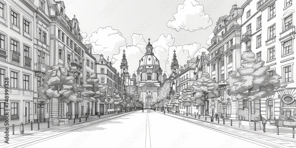 Hand Drawn Cityscape Street Building Illustration Generative AI