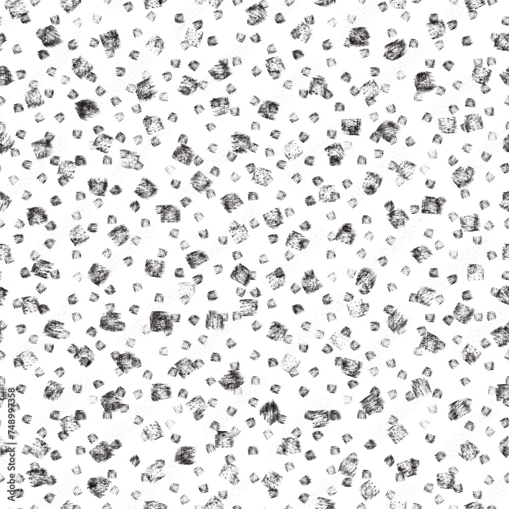 Seamless abstract textured pattern. Simple background black and white texture. Digital brush strokes background. Dots, stains. Design for textile fabrics, wrapping paper, background, wallpaper, cover.