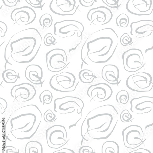 Seamless abstract geometric pattern. Background in grey, white. Illustration. Lines, meanders, leaves. Design for textile fabrics, wrapping paper, background, wallpaper, cover.