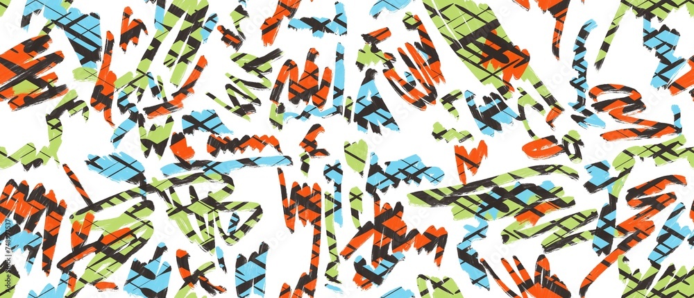 Seamless abstract textured pattern. Simple background black, orange, green, blue and white texture. Digital brush strokes. Design for textile fabrics, wrapping paper, background, wallpaper, cover. Seamless abstract textured pattern. Simple background black, orange, green, blue and white texture. Digital brush strokes. Design for textile fabrics, wrapping paper, background, wallpaper, cover.