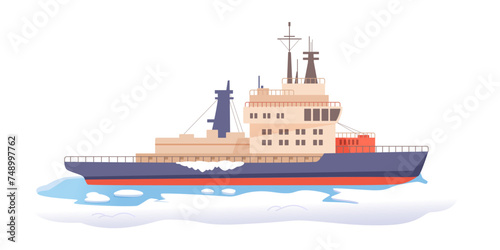 Arctic ship icebreaker in winter sea vector illustration isolated on white. Shipping boat at north pole, alaska or antarctica breaking ice. Industrial nautical transport