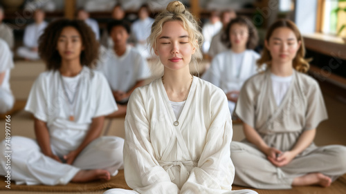 a diverse group of young women learning breathing techniques to improve their mental health issues and reduce their cortisol levels.