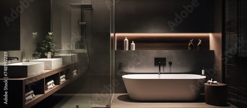 In this sleek contemporary bathroom  a clean bathtub with a glass shower partition is the focal point. The sink and mirror complement the minimalist fixtures for a cohesive look.