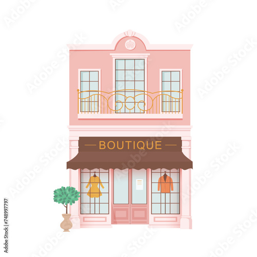 Boutique store building front view vector cartoon illustration. Facade of fashion clothes retail shop. Luxury small business. Urban infrastructure. Showroom, sale, special offer, discount, shopping